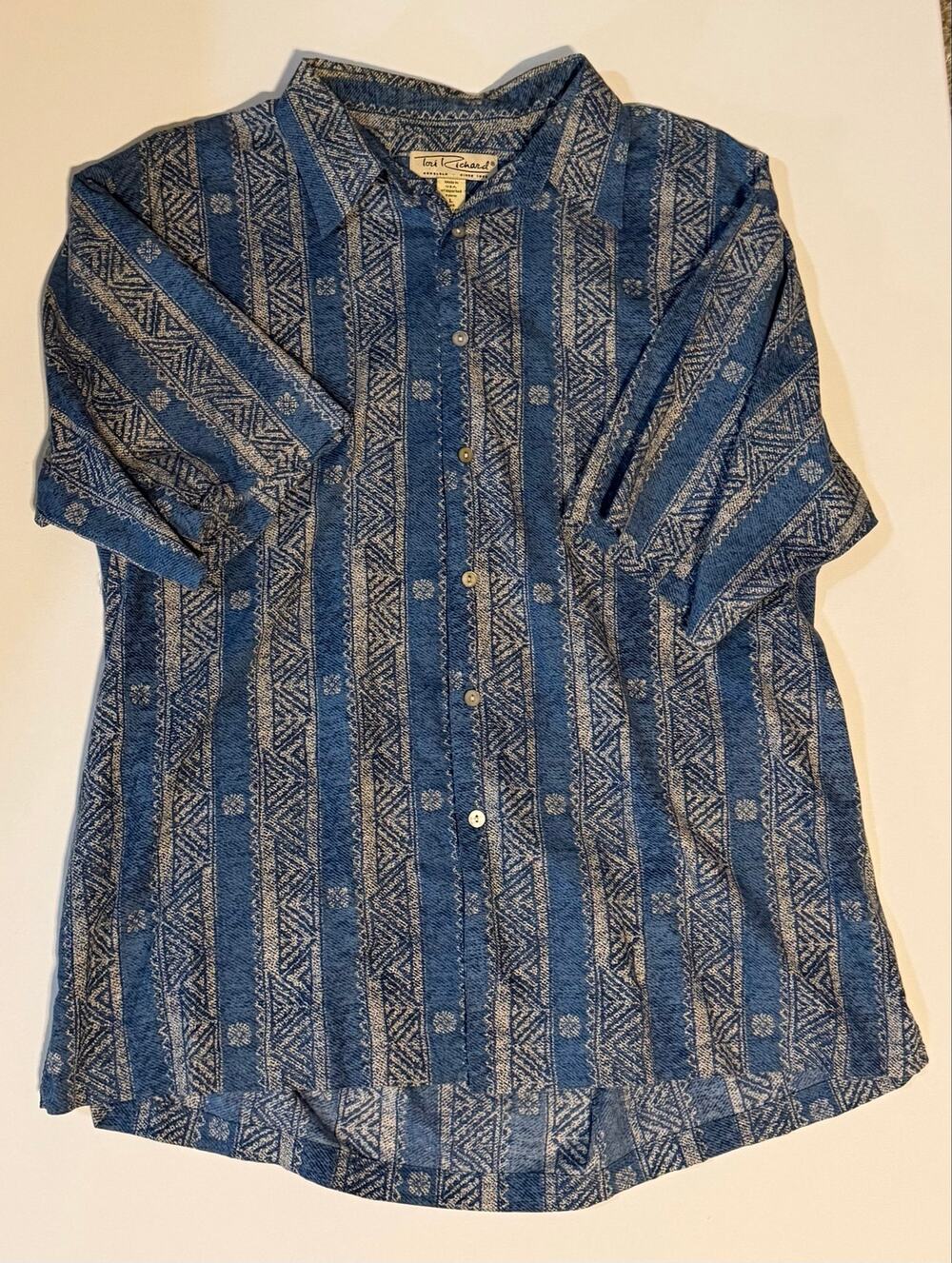 Tori Richard Honolulu Aloha Shirt Men's L Blue Tribal Geometric Print